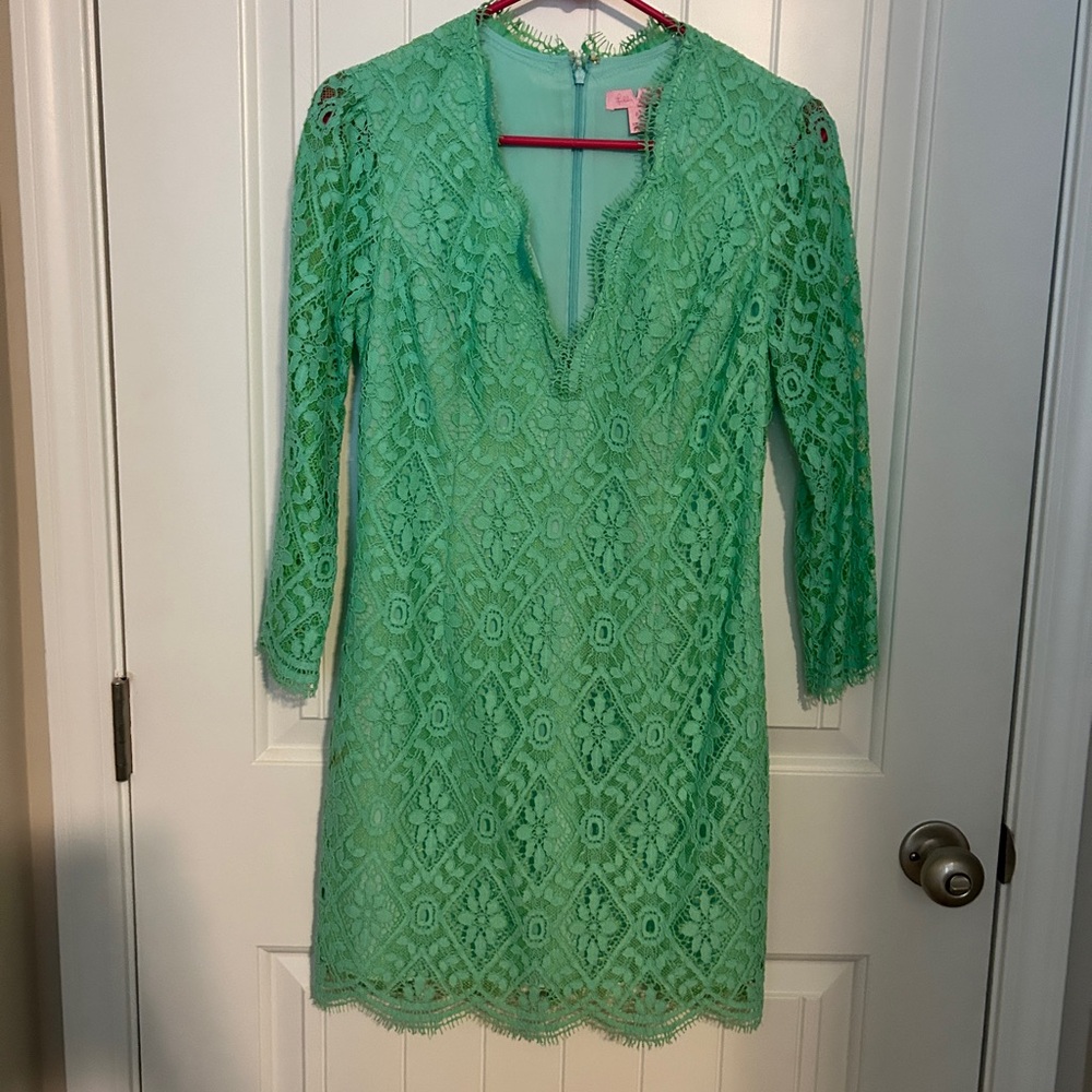 New Lilly Pulitzer Meryl Dress Poolside Blue Green Diamond Lace Sleeve